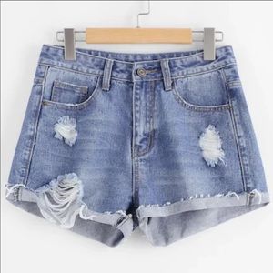 Cuffed Shredded Denim Shorts